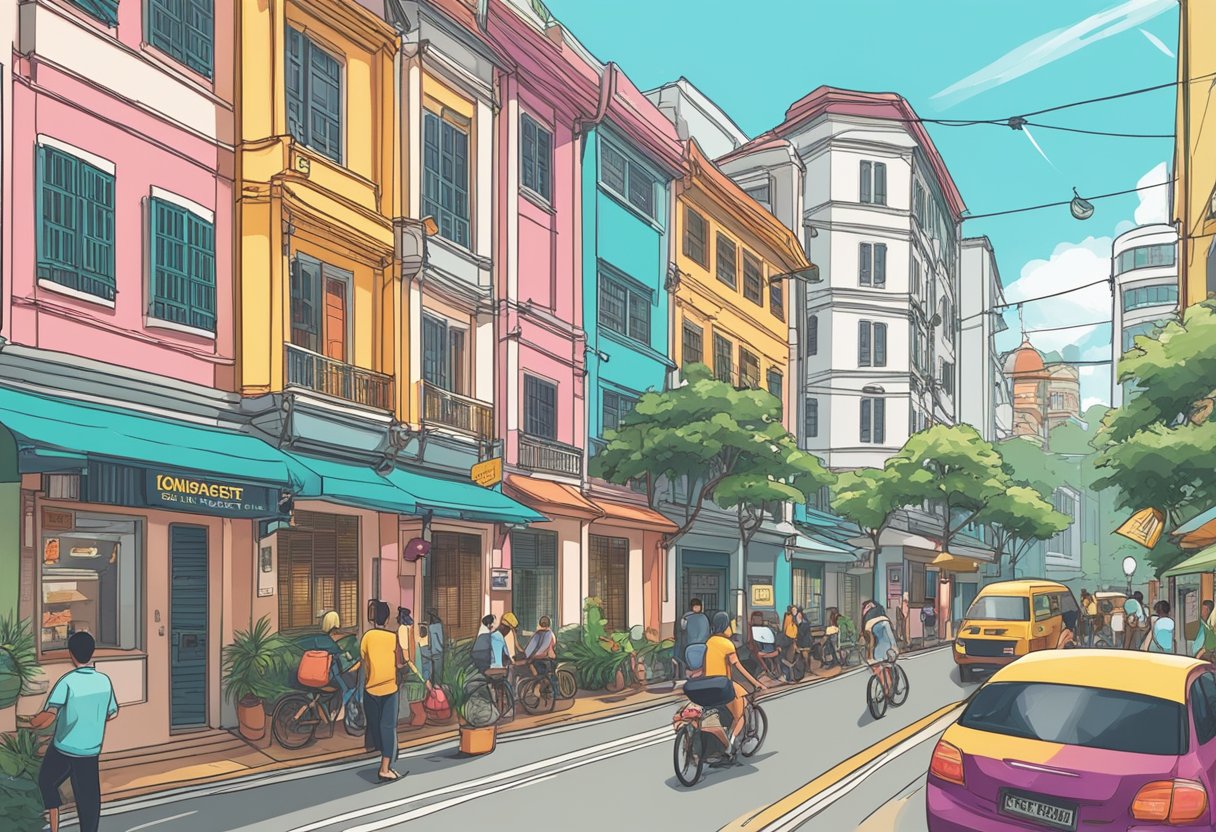 The bustling streets of Singapore showcase a colorful hostel with a prominent sign reading "Frequently Asked Questions: Cheapest Hostel in Singapore."