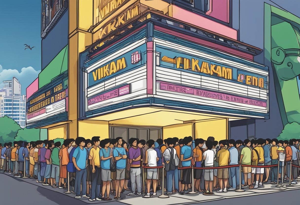 People are lined up outside a Singapore cinema, eagerly waiting to see the movie 'Vikram'. The cinema's marquee brightly displays the film's title, creating a buzz of excitement in the air