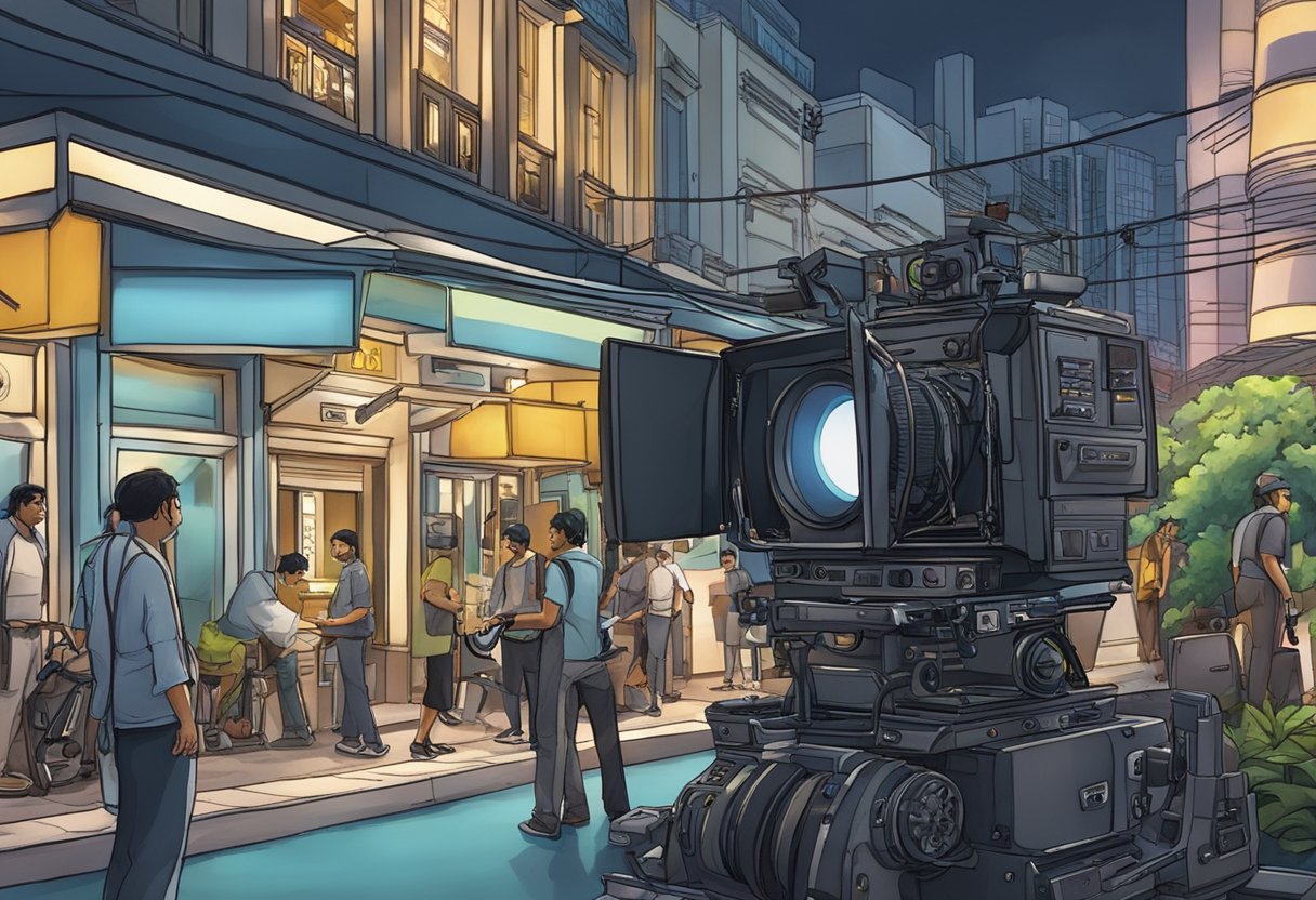 A bustling film set in Singapore, with crew members arranging lights and cameras for a scene in the movie "Vikram."
