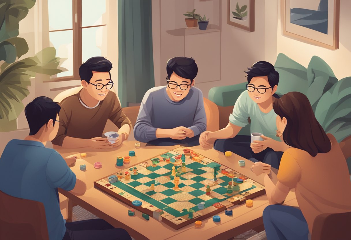 A group of friends gathered around a table, playing board games in a cozy Singaporean living room