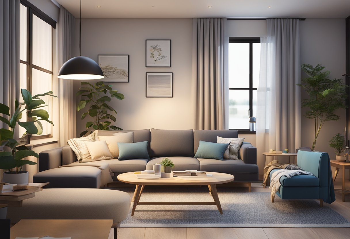 A cozy living room with a stylish IKEA sofa bed in Singapore, surrounded by modern decor and soft lighting