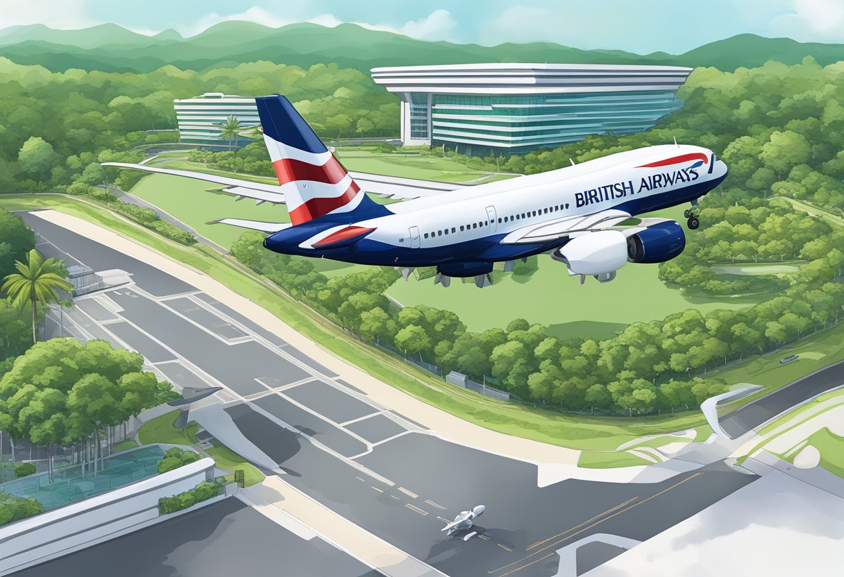 A British Airways plane lands at Singapore's Changi Airport, with the iconic control tower and lush greenery in the background