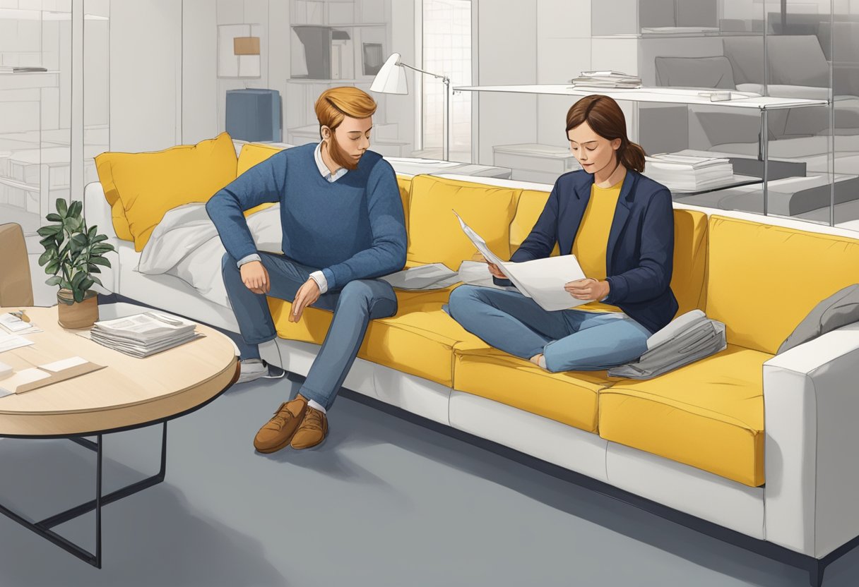 A customer sits on an Ikea sofa bed, testing its comfort and functionality in a showroom. The salesperson assists with fabric swatches and measurements