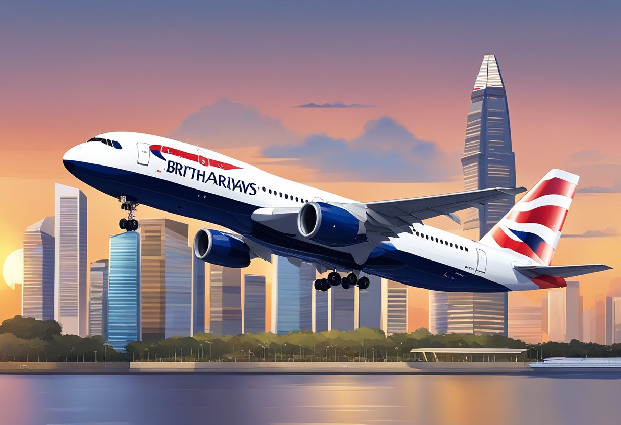 A British Airways plane flying over the iconic skyline of Singapore at sunset
