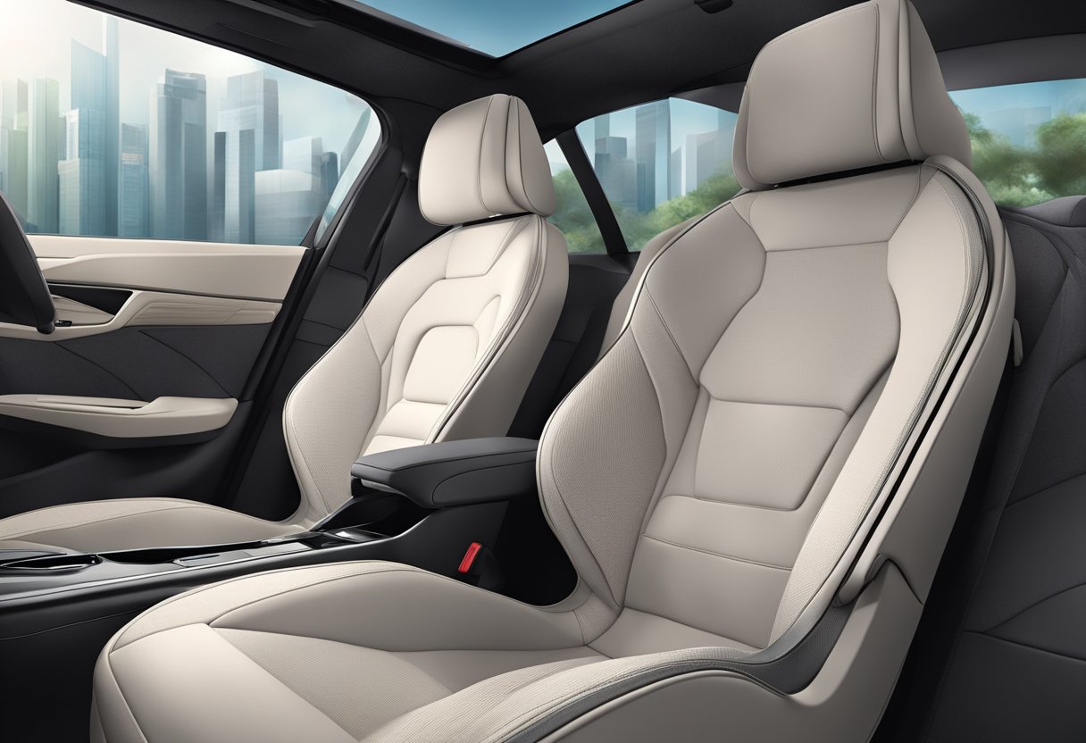 A car seat in Singapore, with a sleek design and adjustable headrest, surrounded by a clean and modern interior