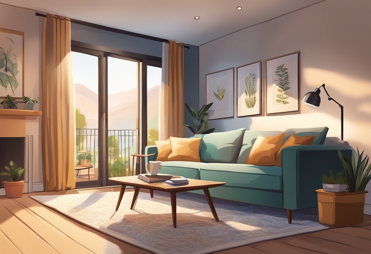 A cozy living room with a stylish sofa bed, adorned with plush pillows and a soft throw blanket. A warm reading light illuminates the space, creating a comfortable and inviting atmosphere