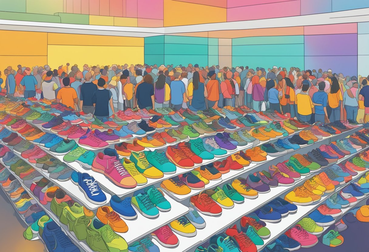 A crowded convention hall with rows of colorful sneakers on display, surrounded by excited attendees and vendors