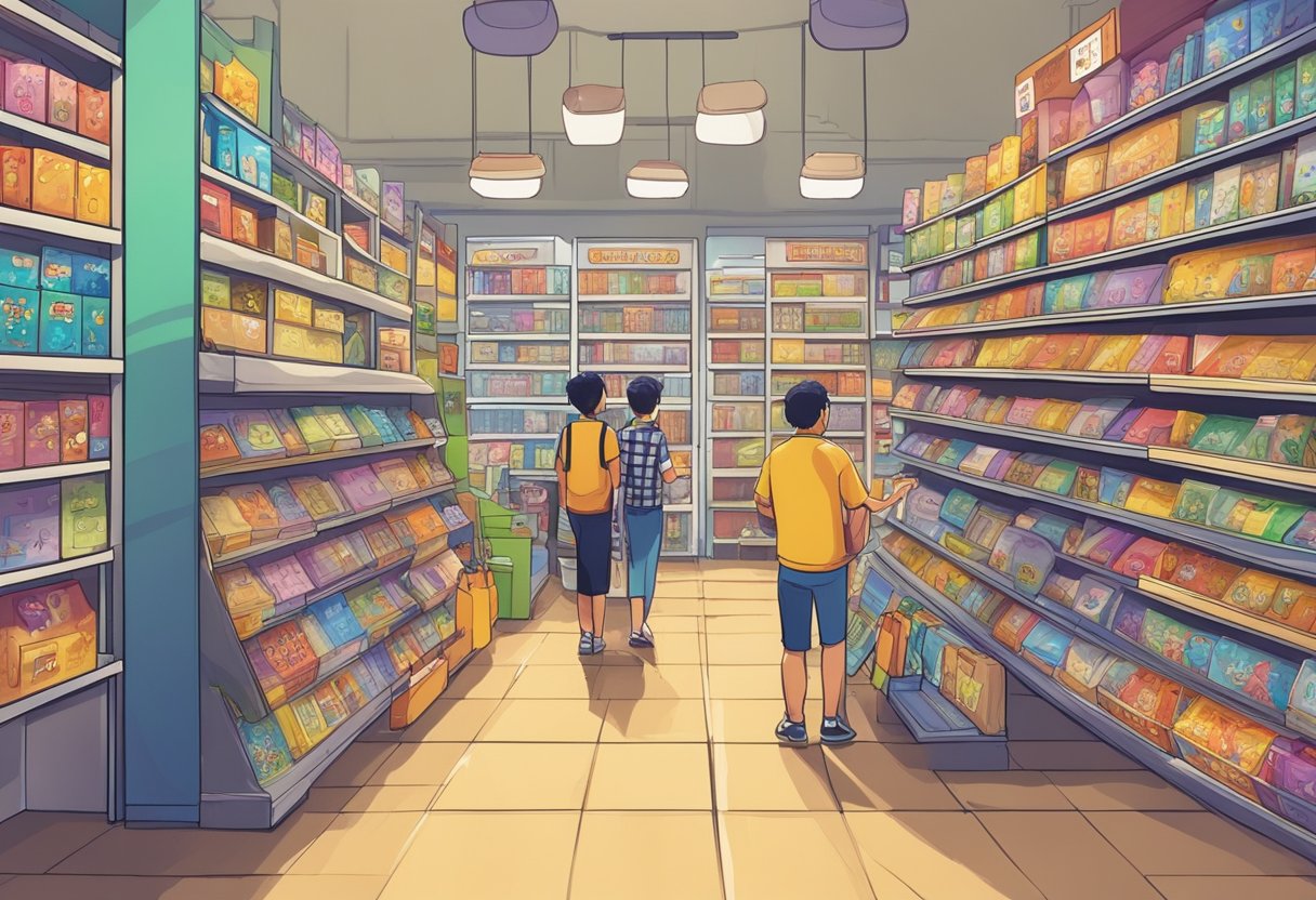 A colorful board game store in Singapore, shelves lined with various games, customers browsing and chatting with staff