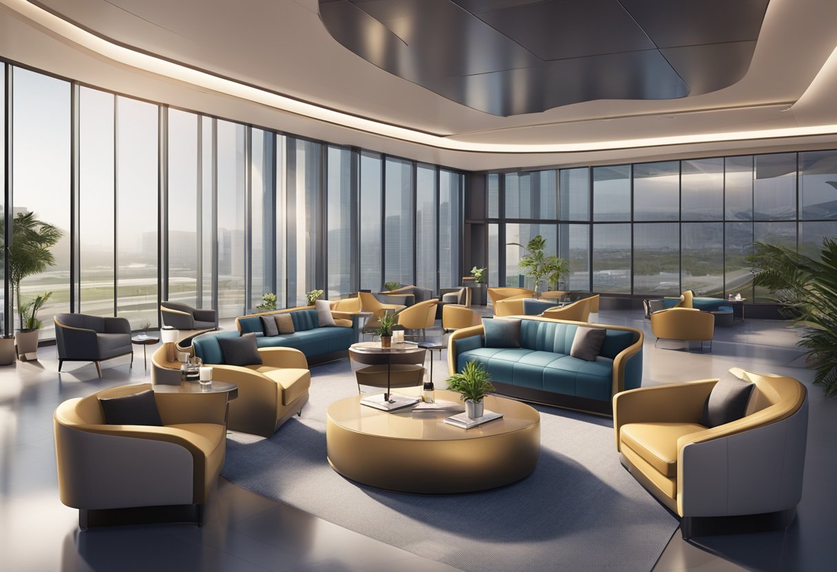 Luxurious lounge with modern decor, comfortable seating, and attentive staff. Glass walls overlook tarmac. British Airways branding and Singaporean accents