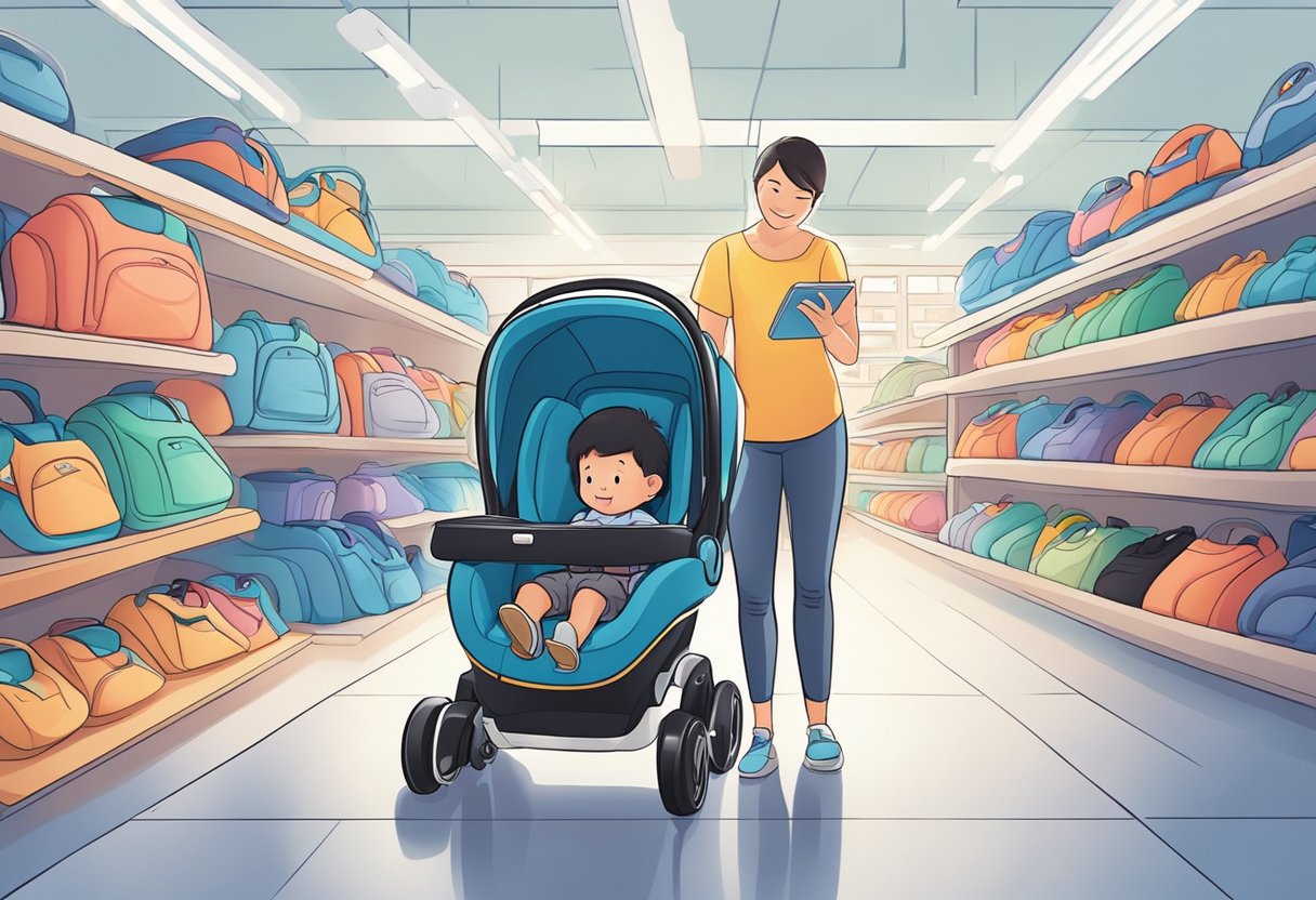 A parent carefully selects a car seat from a variety of options in a brightly lit store in Singapore