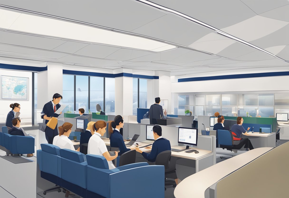 Passengers at British Airways Singapore office, reading FAQ signs, chatting with staff, and checking flight details