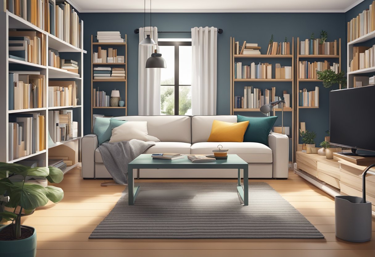 A cozy living room with a sleek and modern IKEA sofa bed, surrounded by shelves filled with books and decorative items