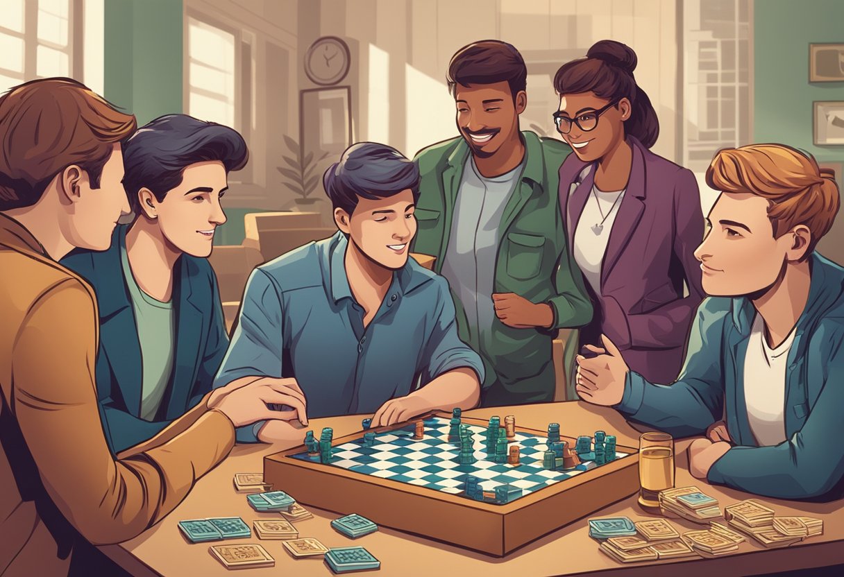 A group of people gathered around a table, playing a board game with the words "Frequently Asked Questions" printed on the box