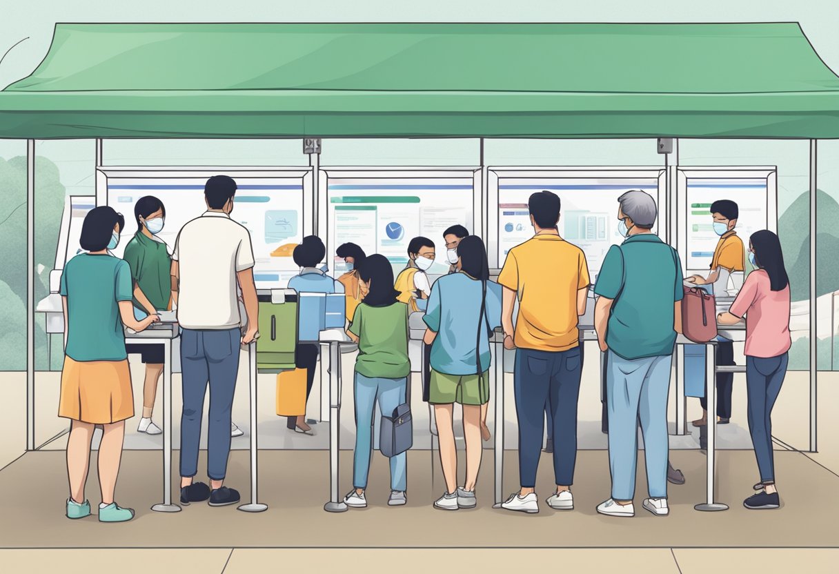 People lining up with forms at a registration booth for Sinovac vaccine in Singapore