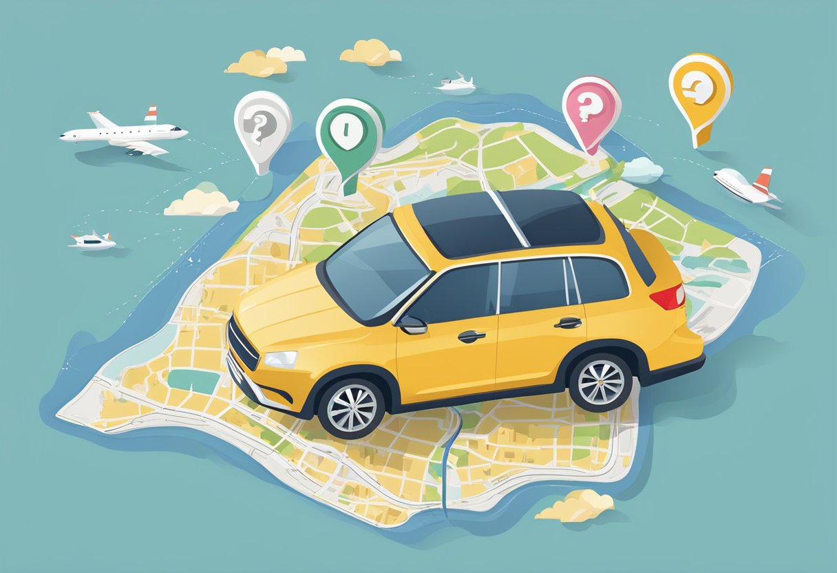 A car seat surrounded by question marks and a map of Singapore
