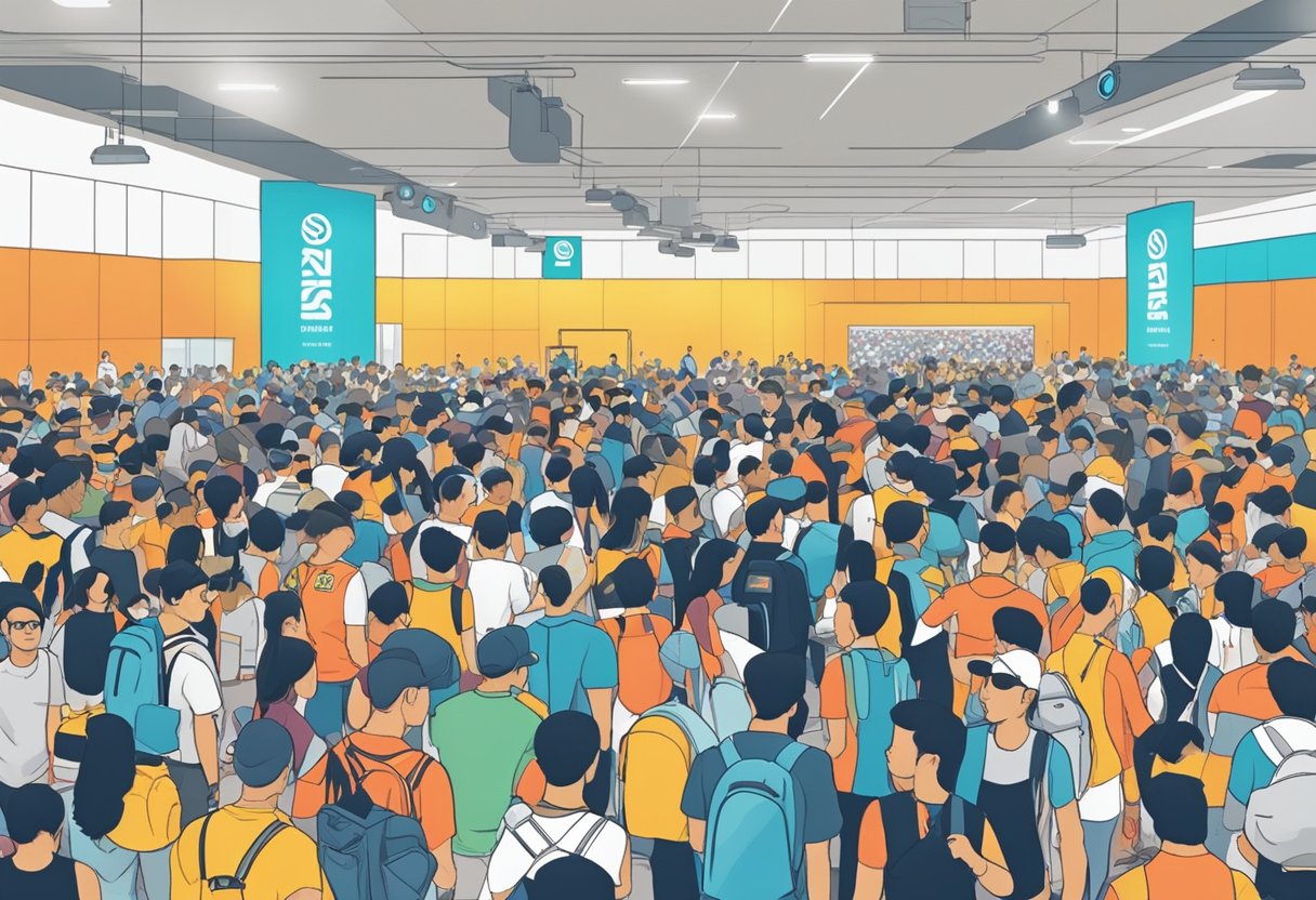 A crowded convention center with sneaker displays and eager attendees at Sneaker Con Singapore