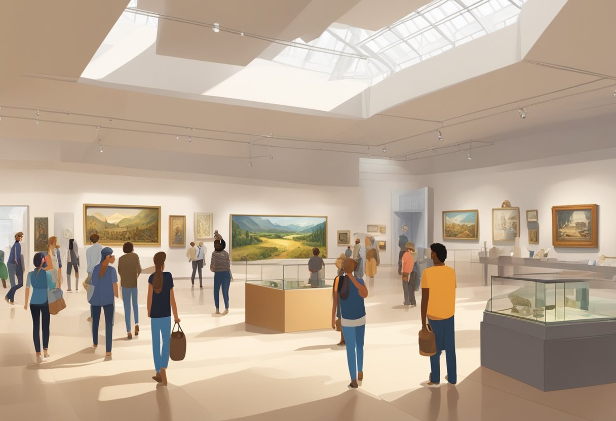 Visitors roam through diverse exhibits in a spacious, well-lit museum. Artifacts and artwork from various cultures and time periods are on display
