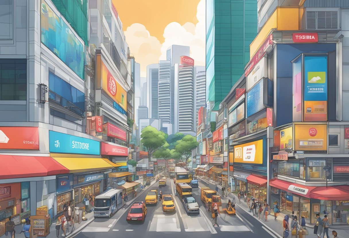 A bustling city street in Singapore with a prominent Toshiba store front, surrounded by modern buildings and vibrant signage