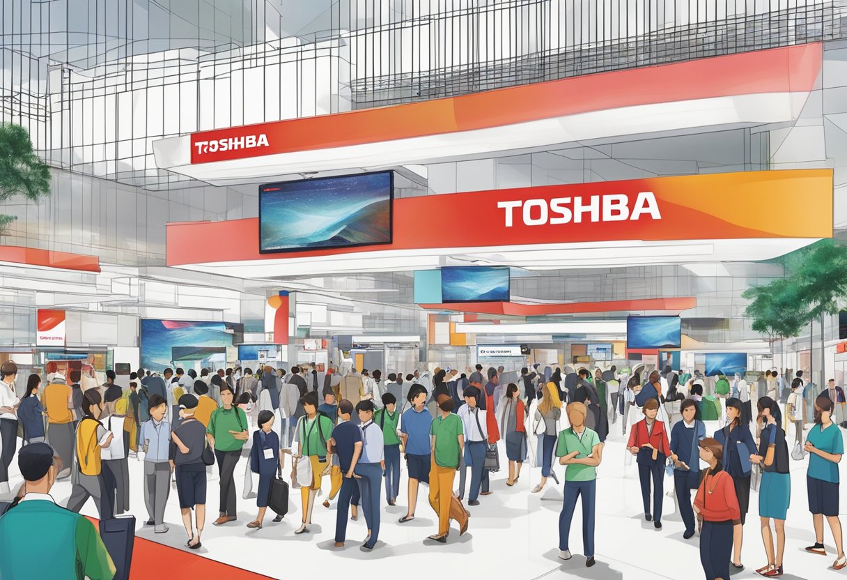 Toshiba's logo prominently displayed at a bustling tech expo in Singapore
