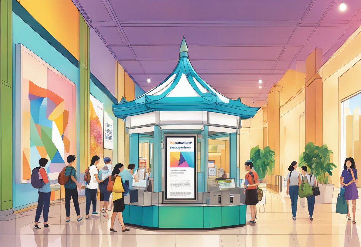 A colorful kiosk stands in a bustling museum lobby, offering free visitor information for the Singapore museum
