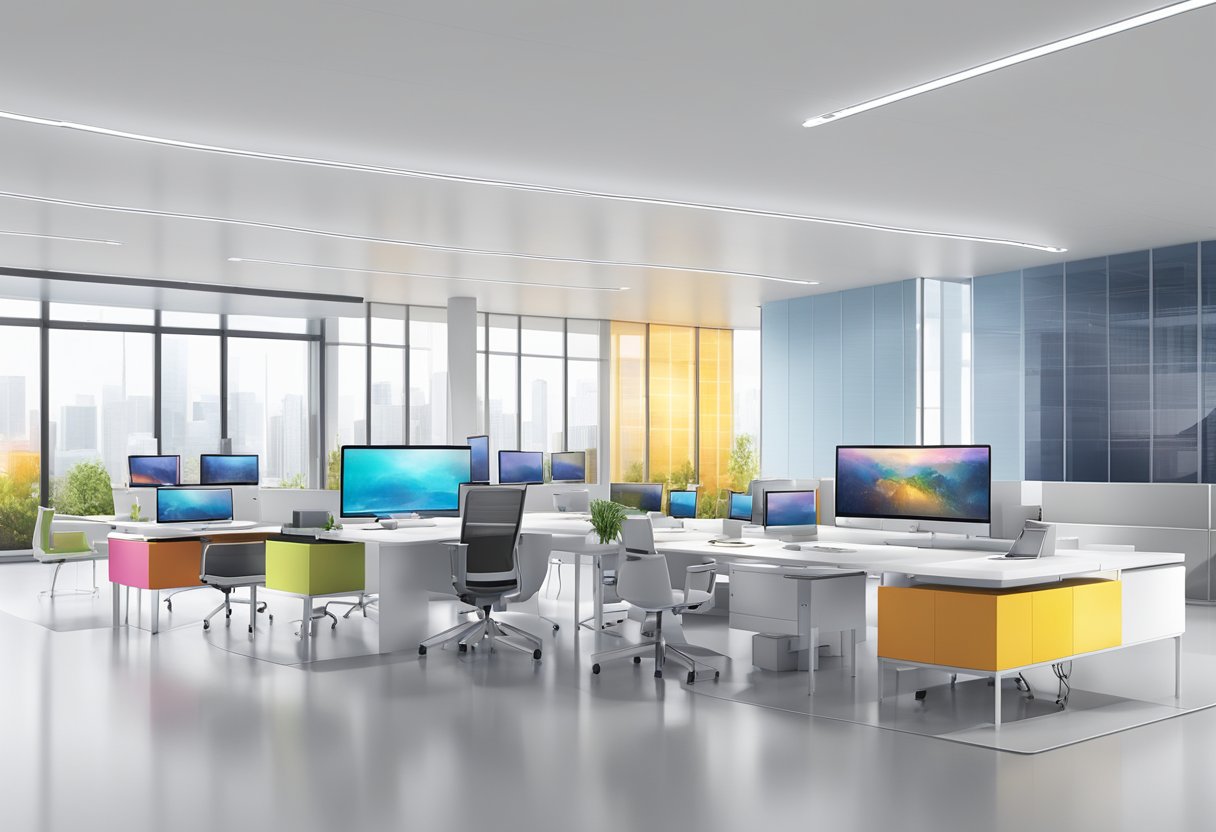 A table displaying Toshiba's product portfolio and innovative technologies in a bright, modern office setting