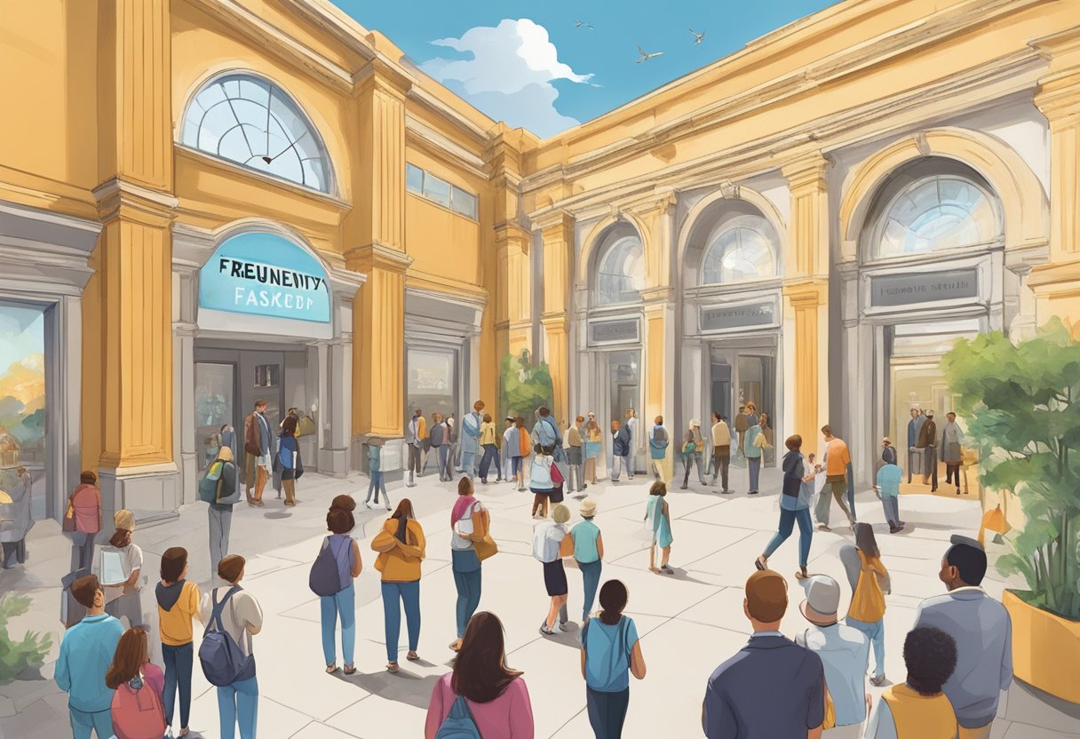 A bustling museum entrance with a prominent "Frequently Asked Questions" sign, visitors milling around, and a sense of curiosity and exploration in the air