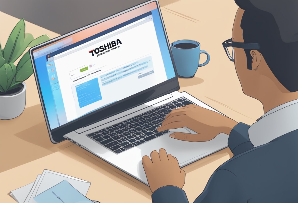 A person looking at a laptop with the Toshiba Singapore website open, with the "Frequently Asked Questions" section highlighted on the screen