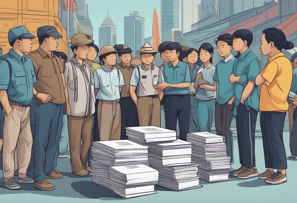 A stack of FAQ pamphlets with "Gurkha Singapore" prominently displayed, surrounded by a diverse group of curious visitors