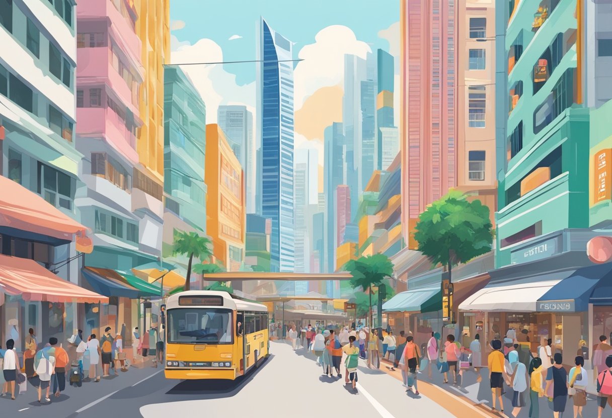A bustling street in Singapore, with colorful shop fronts and bustling crowds. Tall buildings and palm trees line the road, with the iconic Singaporean skyline in the distance