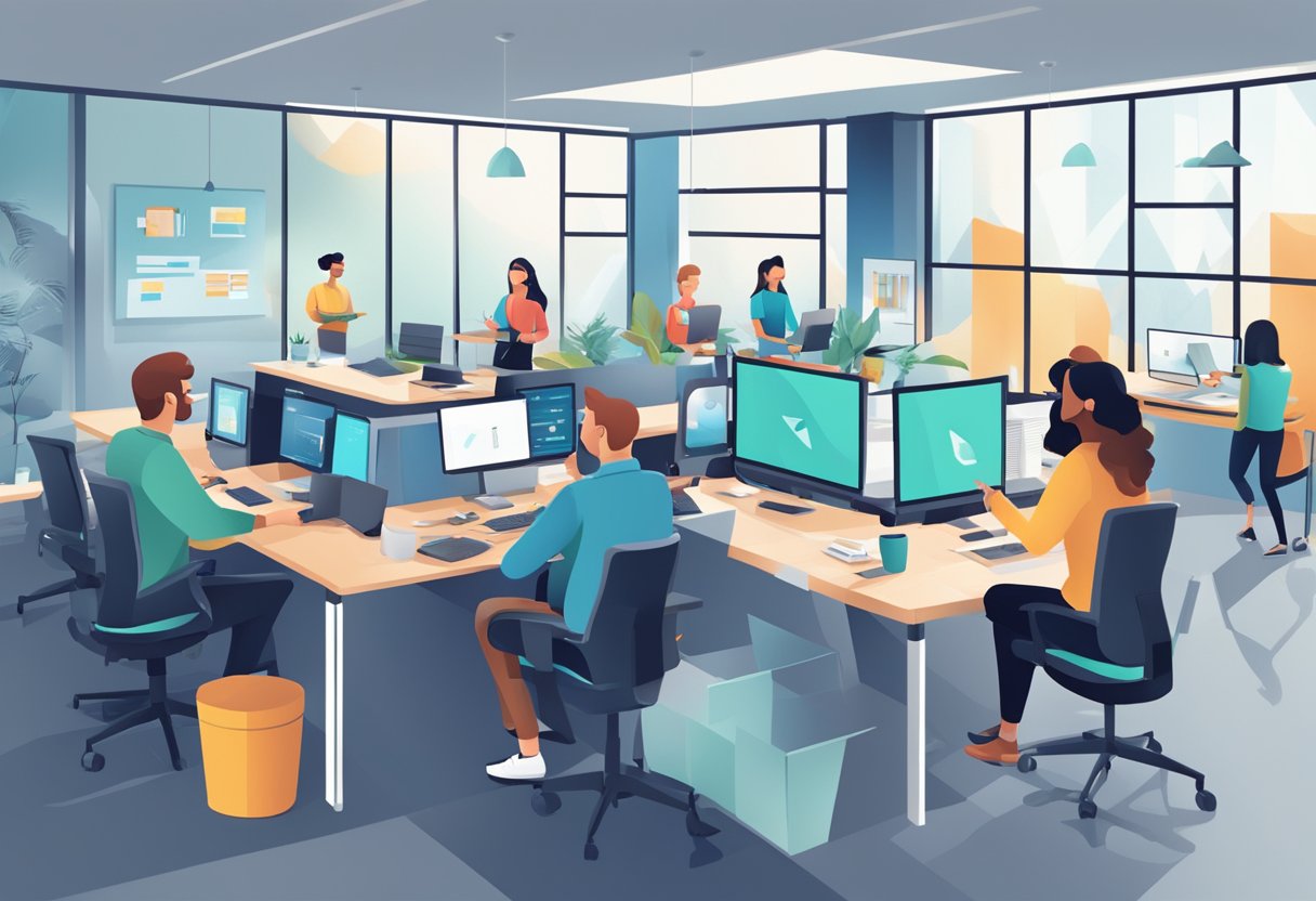 A modern office setting with employees collaborating, using computers, and engaging in discussions