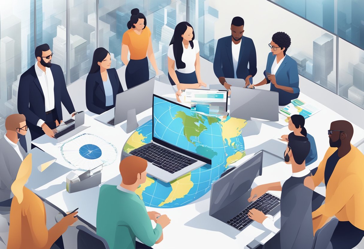 A group of diverse individuals from different countries working together in a modern office setting, with technology and global maps on display