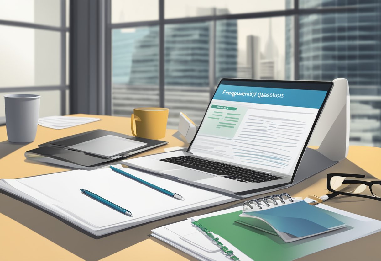 A table with a laptop, pen, and paper. A sign with "Frequently Asked Questions" and "HSA Singapore" in the background