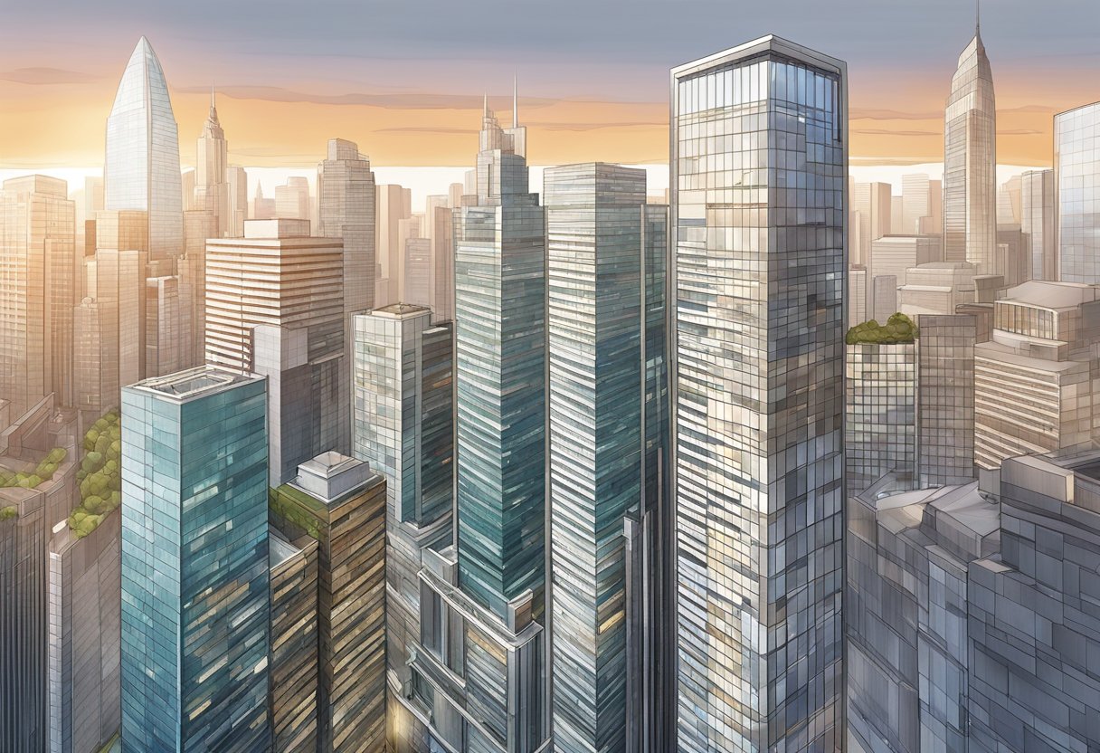 A modern office building with the HSBC logo prominently displayed, surrounded by bustling city streets and tall skyscrapers