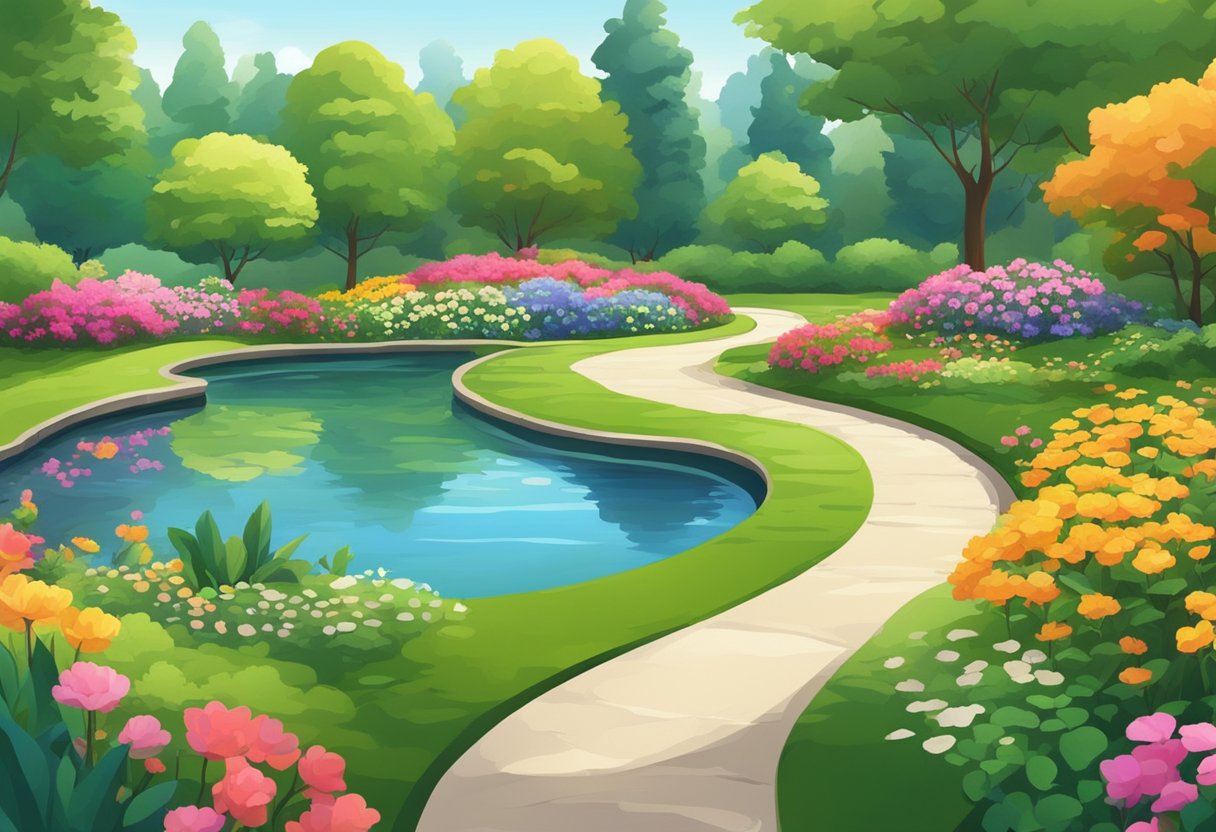 A serene park with lush greenery, winding pathways, and colorful flowers. A small pond reflects the vibrant surroundings