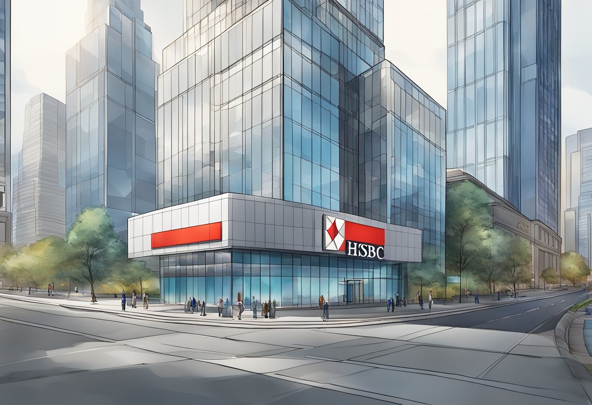 A sleek, modern bank building with the HSBC logo prominently displayed. Surrounding skyscrapers and a bustling cityscape in the background