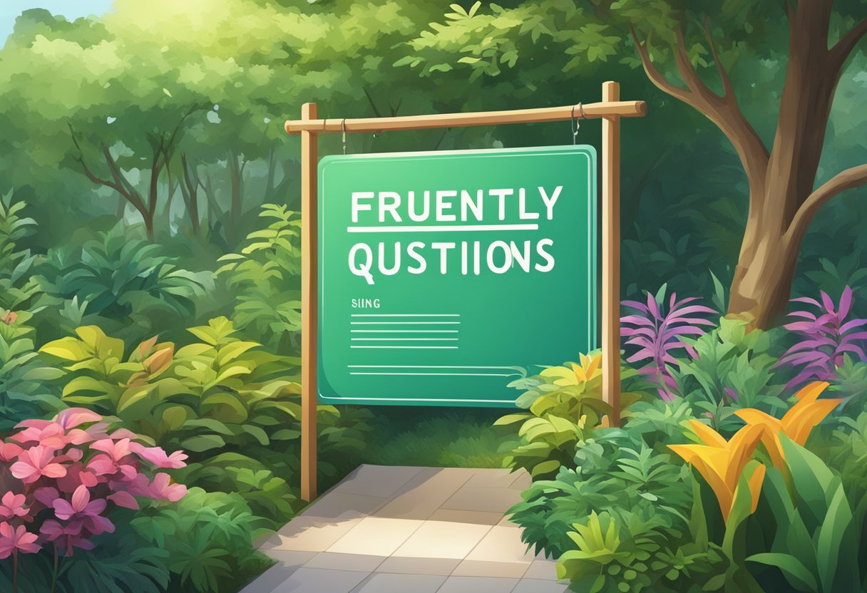 A colorful sign with "Frequently Asked Questions" in Teban Garden, Singapore. Surrounding greenery and a serene atmosphere