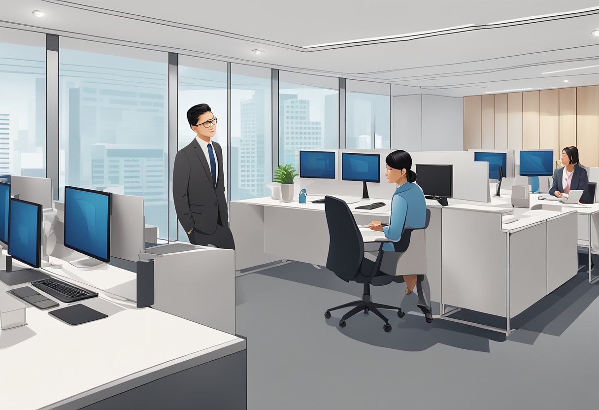 A customer service representative at HSBC Bank Singapore Limited answering questions from clients in a modern, well-lit office setting