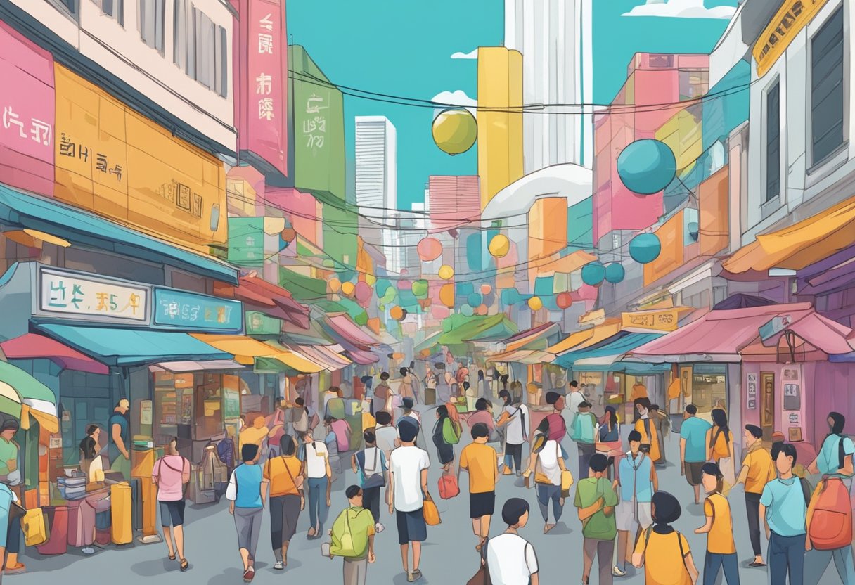 A bustling street in Singapore, with colorful signs and people from diverse backgrounds using unique slang terms in their conversations