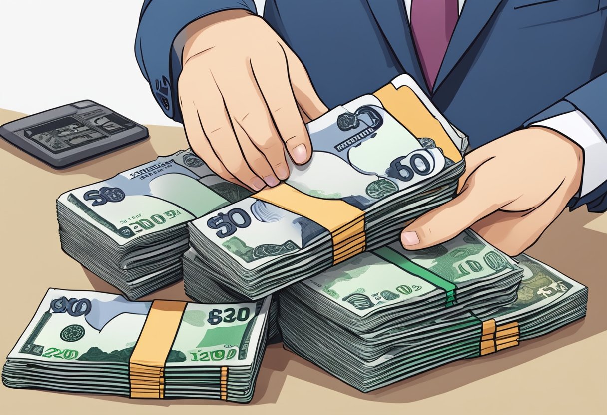 A stack of Singaporean currency is being exchanged for Korean won at a currency exchange counter