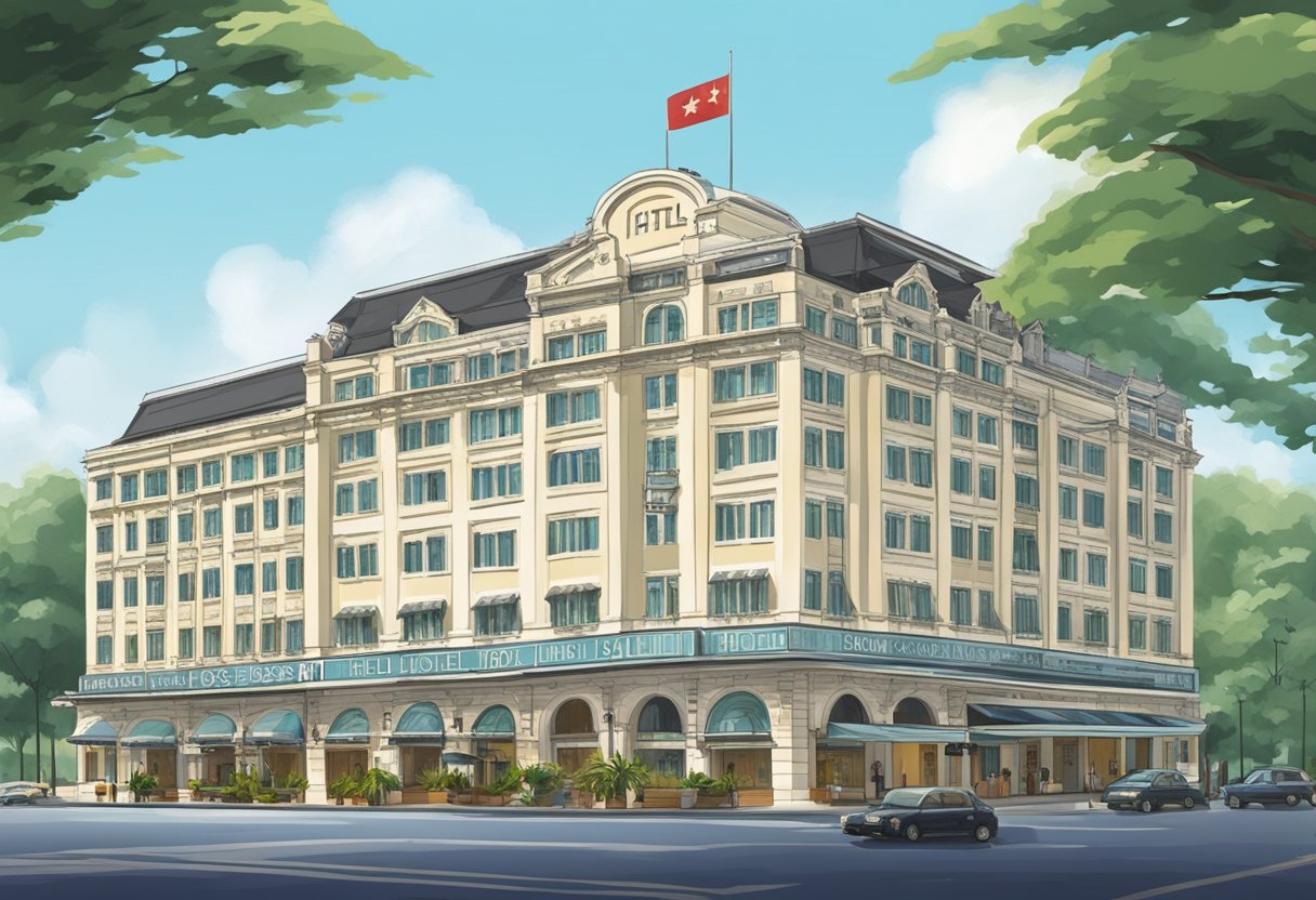 A grand hotel stands on Jalan Sultan, Singapore, with a prominent sign displaying "Hotel Boss."
