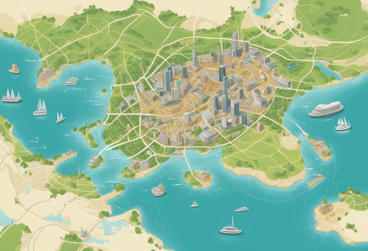 A map of Singapore and Athens with travel routes and landmarks