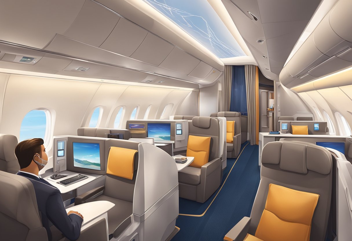 Passengers enjoy luxury amenities and stunning views aboard a Singapore to Athens flight. The modern aircraft interior features comfortable seating and elegant decor
