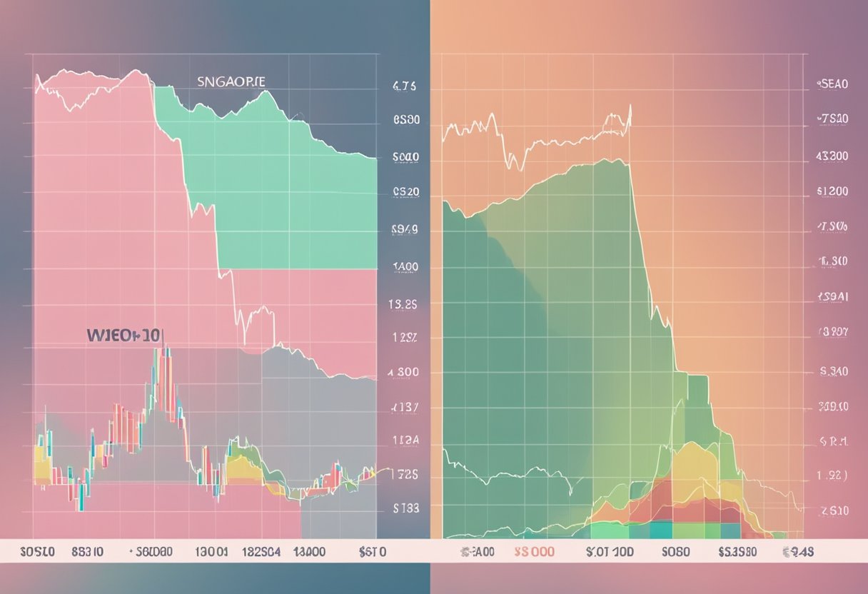 A digital interface displays currency conversion rates for Singapore dollars to Korean won. Graphs and charts show real-time fluctuations