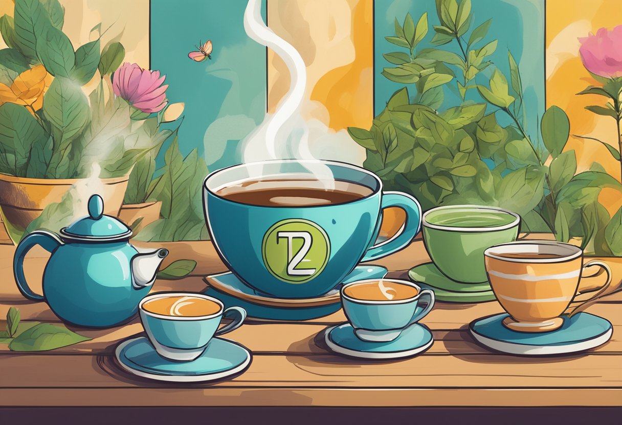 A steaming cup of T2 tea sits on a wooden table, surrounded by colorful teapots and fresh botanicals, with the iconic T2 logo in the background