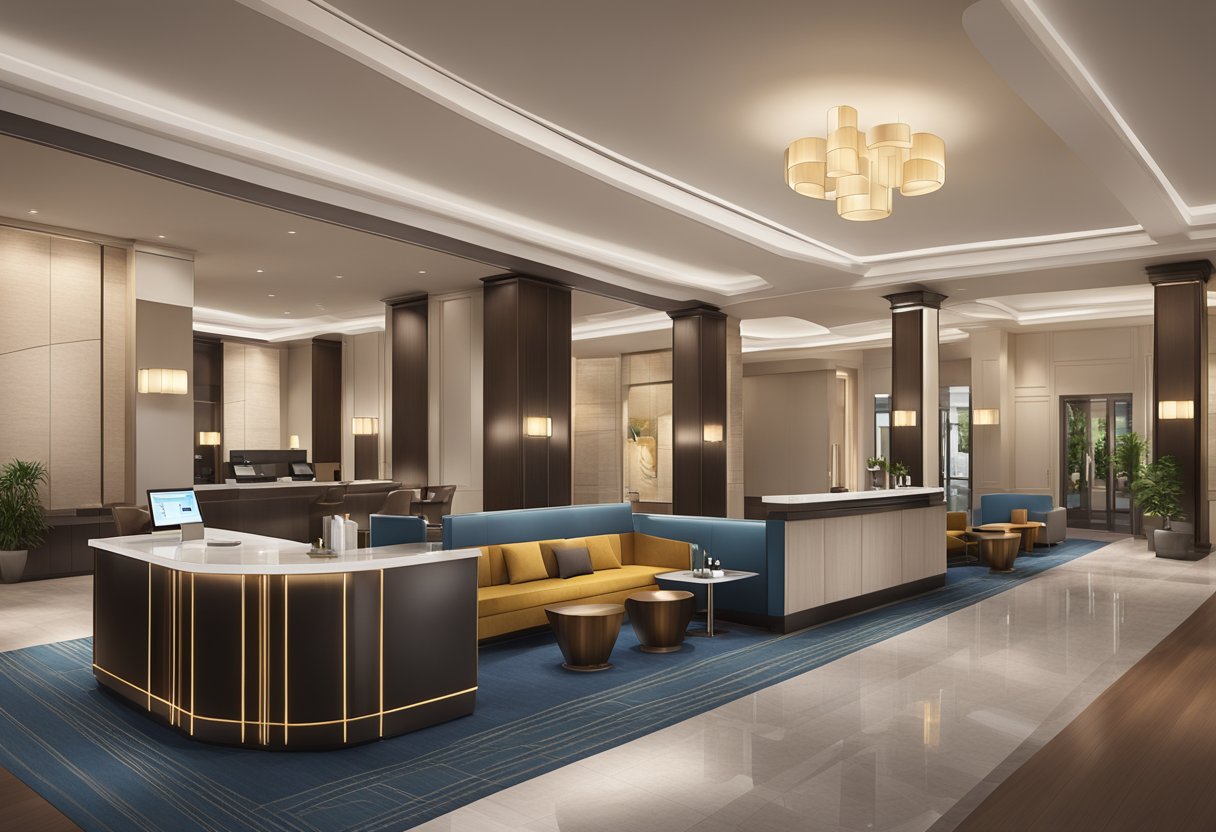 The hotel lobby features a sleek check-in desk, comfortable seating areas, and a stylish concierge station. A row of elevators and a display of hotel amenities are visible in the background