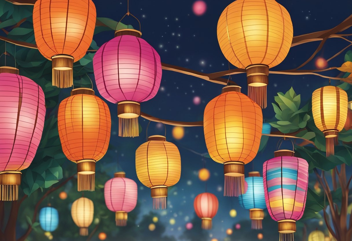 Colorful lanterns hang from trees at an autumn festival in Singapore. The air is filled with the scent of traditional foods and the sound of live music