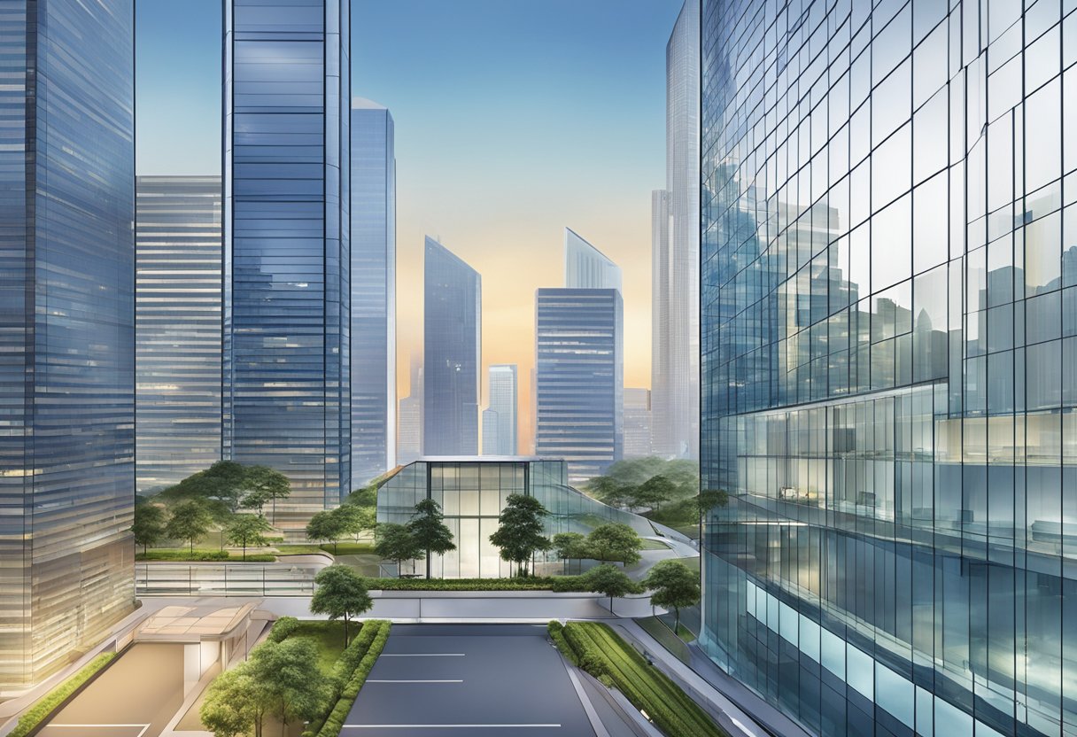 The Hitachi Singapore office building stands tall against a backdrop of modern skyscrapers, with sleek glass panels reflecting the city skyline