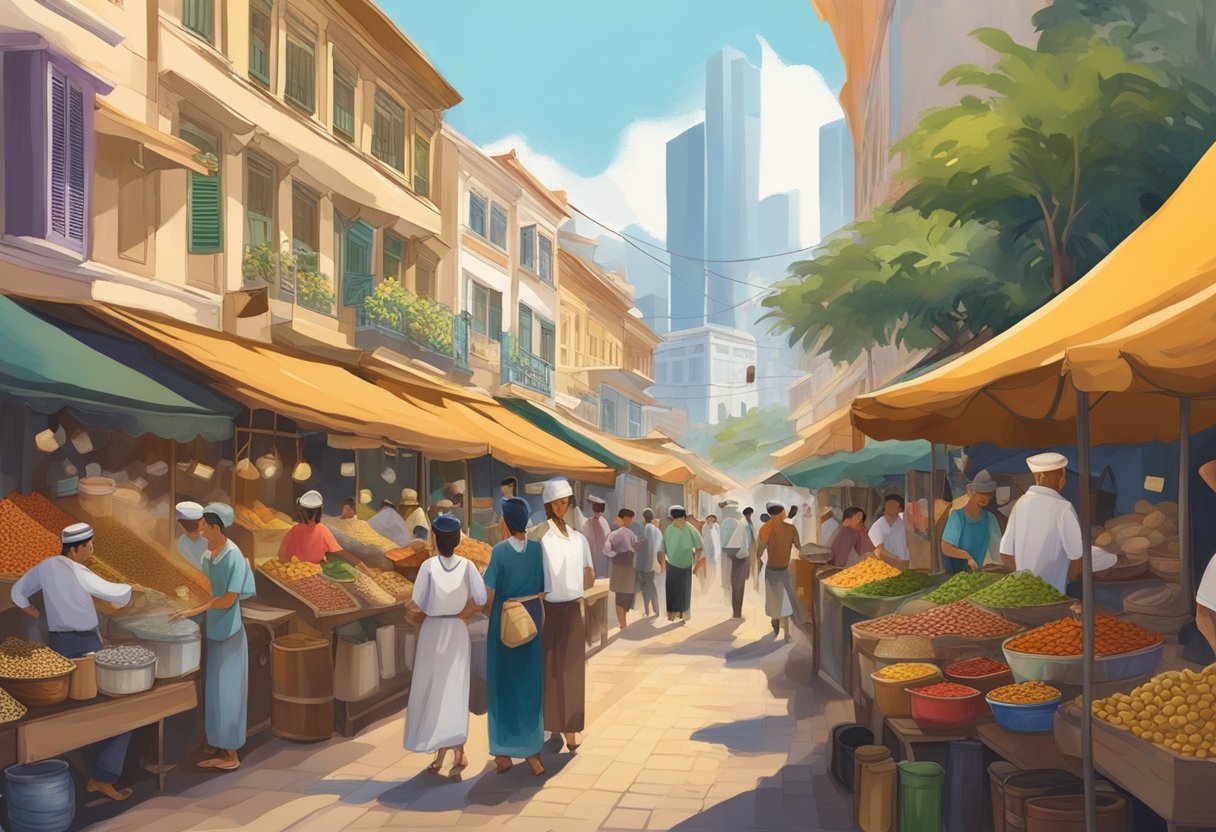 The bustling streets of Barbary Coast, Singapore, with colorful colonial buildings and busy market stalls. The scent of spices and the sound of merchants haggling fill the air