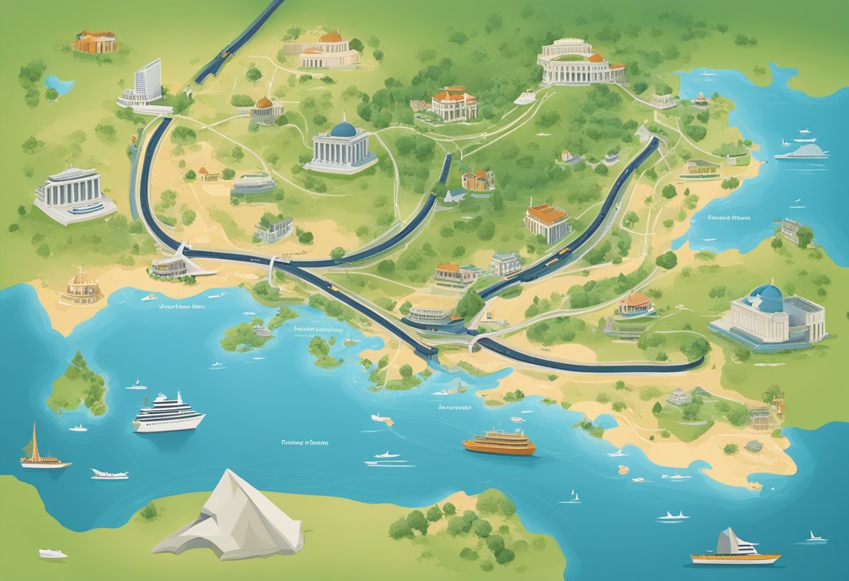 A map showing the route from Singapore to Athens with landmarks and transportation options