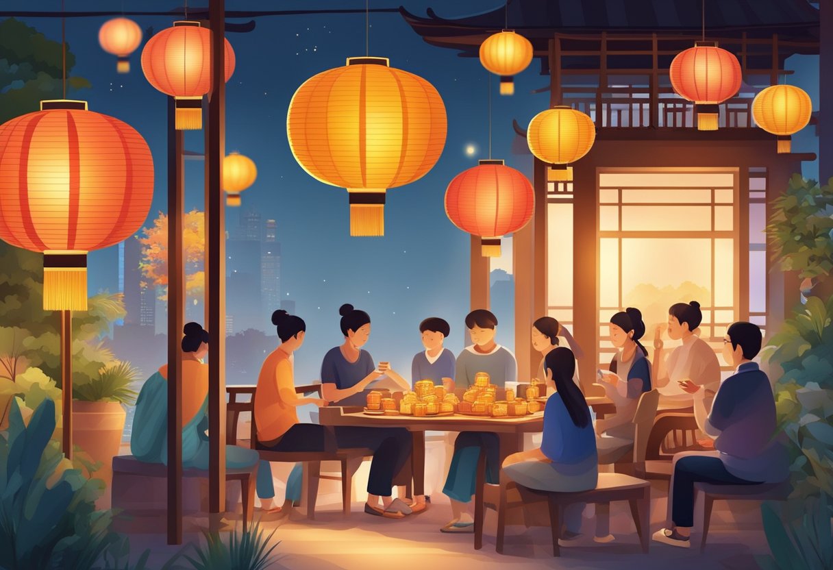 People gather under colorful lanterns, enjoying mooncakes and tea. Traditional music fills the air as families celebrate Mid-Autumn Festival in Singapore